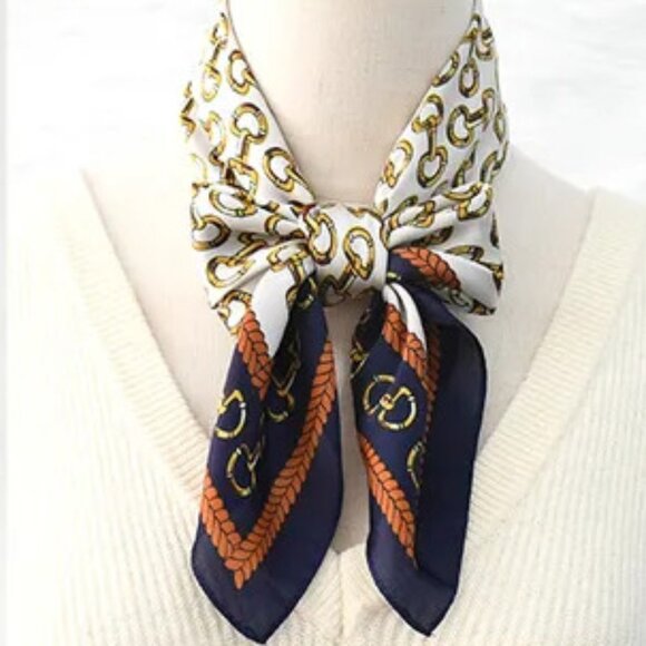 2/$30 Chain Print Square Silky Scarf Blue White Head Neck Tie Bag Decor Bandana - Picture 5 of 6